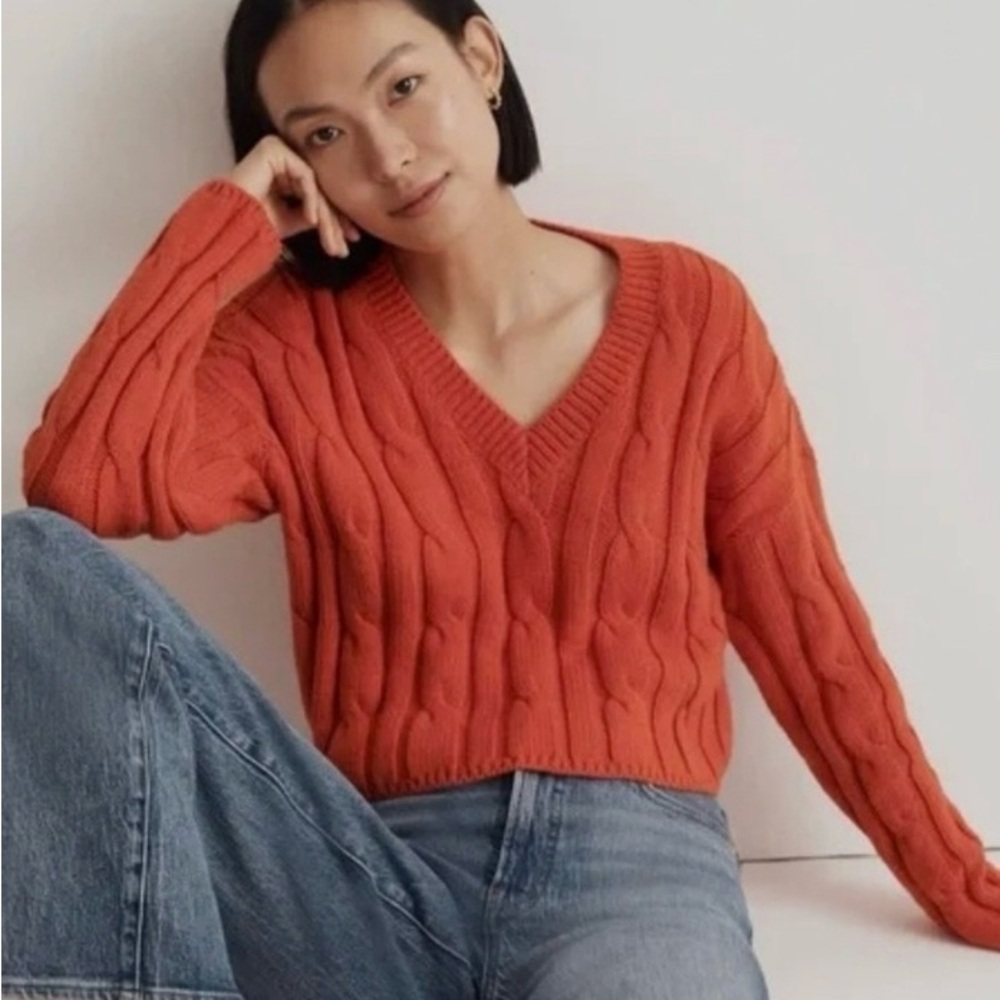 Madewell Orange Crew Neck Cable Knit Sweater